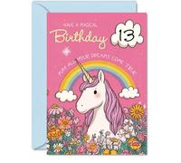 Giftzie Bonita tarjeta de cumpleaños número 13, espolvorea algo de magia, unicornio caprichoso con arco iris y flores, lleno de alegres vibraciones de cumpleaños, A5, sobre incluido
