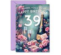 Giftzie Tarjeta de cumpleaños número 39 - Botella de champán rosa - Hermosas y bonitas tarjetas de cumpleaños para mujeres de 39 años, tarjetas de felicitación A5 de regalo