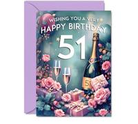 Giftzie Tarjeta de cumpleaños número 51, botella de champán, regalo rosa, hermosas tarjetas de cumpleaños para mujeres de 51 años, tarjetas de felicitación de 5 x 7 pulgadas
