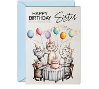 Giftzie Tarjeta de cumpleaños para hermana - Gatos de fiesta con globos - Tarjeta de cumpleaños para hermana de parte de su hermana de 5 x 7 pulgadas