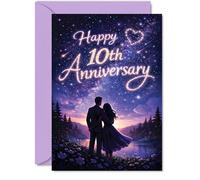 Giftzie Tarjeta romántica de 10º aniversario - Noches iluminadas por estrellas y diez años mágicos - Diseño de pareja de ensueño bajo un cielo morado - Celebra una década de amor juntos - A5, sobre