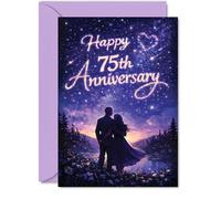 Giftzie Tarjeta romántica de 75 aniversario - Celebración iluminada por las estrellas para un hito de diamante - Pareja silueta bajo un cielo nocturno de ensueño - 5 x 7 pulgadas, sobre incluido