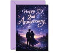 Giftzie Tarjeta romántica de segundo aniversario - Romance de cielo iluminado con estrellas de ensueño - Pareja bajo las estrellas con ricos tonos morados y azules - 5 x 7 pulgadas, sobre incluido