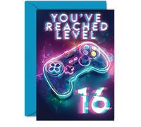 Giftzie Tarjetas de cumpleaños número 16 para niños y niñas, con texto en inglés You've Reached Level 16", tarjeta de feliz cumpleaños número 16 para hijo, hija, sobrino, sobrina, nieto, tarjetas de