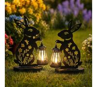 GIGALUMI Estatua de Conejo de Hierro, Adornos de jardín para Exteriores con Luces solares, estatuas de jardín Impermeables para el Patio y el jardín, Regalos Originales para mamá (Pack de 2)