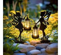 GIGALUMI Estatua de hada de hierro para jardín al aire libre con luces solares, decoración de estatua de jardín impermeable para patio, patio, única para mamá (paquete de 2)