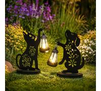 GIGALUMI Estatuas de Perro y Gato de Hierro para Jardín, con Luces solares, Decoraciones Impermeables para Patio y jardín, Regalos Originales para mamá (Pack de 2)