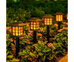 GIGALUMI Luces solares para jardín al aire libre, paquete de 12 luces solares de llama parpadeante para exteriores, impermeables, para jardín, paisaje, camino, patio, encendido/apagado automático