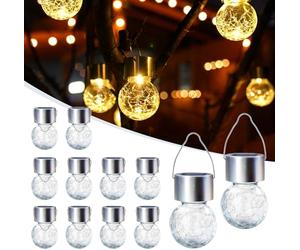 GIGALUMI Paquete de 12 luces solares para exteriores, luces solares colgantes para decoración de Navidad, luces solares de vidrio agrietado para exteriores, impermeables, para jardín, patio, valla,