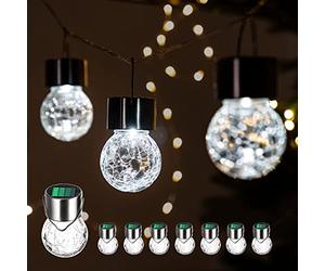 GIGALUMI Paquete de 8 luces solares para exteriores, luces solares colgantes para decoración de Navidad, luces solares de vidrio agrietado para exteriores, impermeables, para jardín, patio, valla,