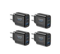 Gigastone Power Go 65W 4 Pack USB C Cargador rápido,PD&QC 3.0 PPS 3 Puertos de asignación Inteligente de Potencia,USB-C X2,USB-A X1, Compacto Enchufe Plegable Voyager,iPhone15/14/13,MacBook