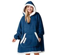 Giggling Getup Manta con Capucha Ponible para Mujeres Hombres - Manta de Sherpa de Franela- Suave Manta Sudadera Cálida y Acogedora con Gran Bolsillo y Mangas, Regalos para Adultos, Azul Marino