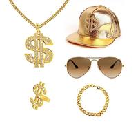 GIGIIS Disfraz de proxeneta de los años 90, disfraz de hip hop para hombre, disfraz de los años 80 y 70, accesorios para carnaval, gángster, hip hop, gorra dorada, cadena de dólar, anillo y gafas de