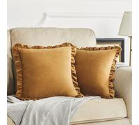GIGIZAZA Juego de 2 fundas de cojín de terciopelo de 50 x 50 cm, cuadradas, color dorado oscuro, con bordes con volantes, para sofá, sala de estar, fundas de almohada decorativas para dormitorio