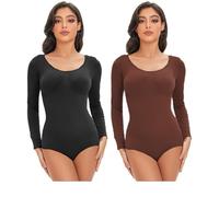 GIJMZY Fajas Reductoras Mujer Faja Moldeadora elástica for Mujer, Moldeadora de Abdomen, Cuello Redondo, sin Costuras(Black-Brown,One Size_S)