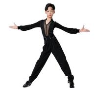 GIJMZY Pantalones de Baile para Hombre Latin Dance Costume Boy's Black Mesh V-Neck Tops Rumba Samba Practice Set Children's Ballroom Cha Cha Competition Wear(Black Tops-Pants,XL)