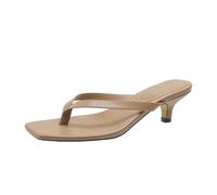 GIJMZY Square Toe Clip Sandals For Women Summer High Heel Flip-flops Large Size Slim Women's Outdoor Leather Slippers(Khaki,40)