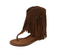 Gikleihwy Gladiator Bead Flip Flop for Women Bohemian Suede Tassel Back Strappy Open Toe Flat Sandals Retro Clip Toe Ankle Boots Non-slip T Strap Roman Beach Slippers(Braun,36 EU)