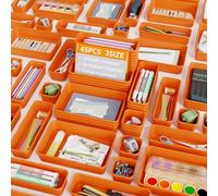 Giklux 45 Piezas Organizador Cajones Baño 3 Tamaños, Caja Organizadora Separadores de Plastico para Baño, Maquillaje, Cocina, Oficina, Escritorio, Cajitas Cajas Gavetas Organizadoras Cajones, Naranja