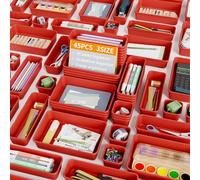 Giklux 45 Piezas Organizador Cajones Baño 3 Tamaños, Caja Organizadora Separadores de Plastico para Baño, Maquillaje, Cocina, Oficina, Escritorio, Cajitas Cajas Gavetas Organizadoras Cajones, Rojo