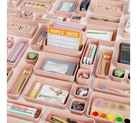 Giklux 45 Piezas Organizador Cajones Baño 3 Tamaños, Caja Organizadora Separadores de Plastico para Baño, Maquillaje, Cocina, Oficina, Escritorio, Cajitas Cajas Gavetas Organizadoras Cajones, Rosa