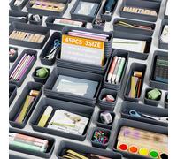 Giklux 45 Piezas Organizador Cajones Baño 3 Tamaños, Caja Organizadora Separadores de Plastico para Baño, Maquillaje, Cocina, Oficina, Escritorio, Cajitas Cajas Gavetas Organizadoras Cajones, Gris