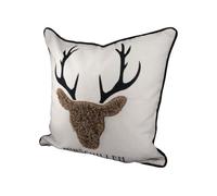 GILDE Cojín de ciervo crema/marrón/negro con cabeza de ciervo, parte trasera de terciopelo, 100% poliéster, con cremallera, lavable a 30 grados, altura: 45 cm, ancho: 45 cm, 47409