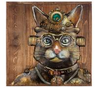 GILDE Cuadro Steampunk Cat - Cuadrado - Madera y Metal - Diseño de gato - Marrón - Altura 50 cm x Ancho 50 cm