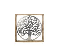 GILDE Cuadro XXL Árbol de la Vida - Árbol de la Vida de aluminio - con marco de madera 60 x 60 cm - Decoración de pared para salón - Colores plata marrón