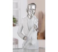 GILDE Figura musiciana de Resina Blanca Mate Metalizada, saxofón, músico, Altura: 31,5 cm, Ancho: 19,5 cm, Profundidad: 11,5 cm, decoración, Regalo, Arte, Escultura