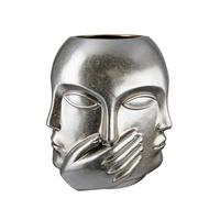 GILDE Jarrón de Flores de cerámica - Jarrón Facial No Ver Nada oír Decir - Resistente al Agua Fabricación Europea - Color: Plata Antigua Altura 23 cm