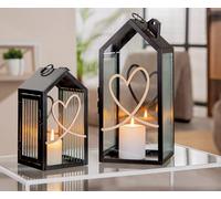 GILDE Juego de 2 faroles de Cristal y Metal, Altura 32 cm, Negro Mate, Estriado, Forma de casa, diseño de corazón