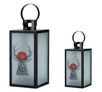 GILDE Juego de 2 farolillos de Ciervo con Sombrero de Gorro, Hierro, Negro Mate, Rectangular, 2 tamaños, diseño de Sombrero