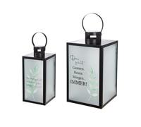 GILDE Juego de 2 farolillos Du fehlst/Für Immer geliebt - Metall - Schwarz Matt - Rectangular - Blattmotiv - Spruch