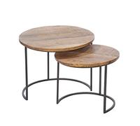 GILDE Juego de 2 mesas auxiliares Camara de Madera de Mango, Redondas, Color Natural/Negro, Recubrimiento en Polvo, Altura 45 cm x Ancho 55 cm