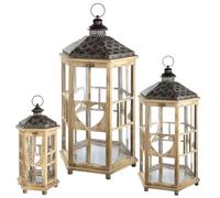 GILDE Juego de 3 faroles Corazon de Madera, hexagonales, 78 x 39 cm, Techo de Metal, Color marrón