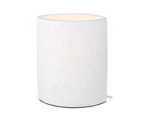 GILDE Lámpara de mesa Wellness de porcelana blanca con frase, altura 20,5 cm, decoración para salón, dormitorio, oficina, iluminación