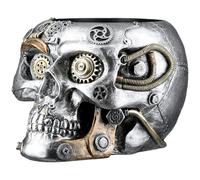 GILDE Maceta Steampunk Skull Planter - Resina - Altura 14 cm x Ancho 18 cm - Plata - Acabado Antiguo - Diseño de Engranajes - Cráneo