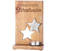GILDE Portavelas Decorativas Soporte Vela con diseño de Estrella con Texto en alemán Home Sterns, decoración de Navidad de Madera, Color marrón y Plateado, Altura 32 cm