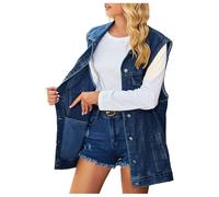 Gillet Denim Mujer Moda Retro Mi Cuello Largo Reverso Abrigo Sin Mangas Suelo Casual Botones Superior Caliente Para Otoño Invierno, azul, XS