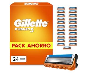 Gillette Fusion5 Cuchillas de Afeitar Hombre, Pack de 24 | Recambios para Maquinillas de Afeitar con 5 Hojas, Banda de Gel Lubricante Y Recortadora de Precisión