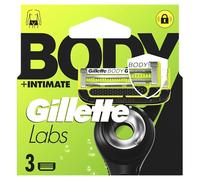 Gillette Labs Body + Cuchillas de afeitar íntimas para hombre, Pack 3 - Cartuchos de afeitado para la zona íntima y el cuerpo, cabeza de 2 cuchillas muy espaciadas, barra antipelos encarnados e