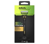 Gillette Labs - Maquinilla de afeitar para hombre + 1 repuesto de cuchilla de afeitar, con barra exfoliante, incluye soporte magnético premium, edición negra y dorada