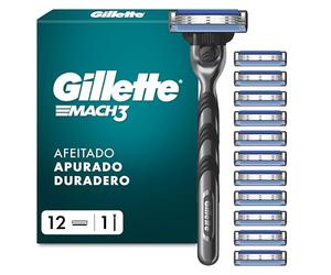 Gillette Mach3 Base Maquinilla De Afeitar Para Hombre Con Recambios, 1 Mango, 12 Cuchillas De Recambio Con 3 Hojas y Banda De Gel Lubricante Para Un Afeitado Suave