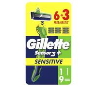 Gillette Sensor 3+ Sensitive Maquinilla de Afeitar Hombre con 9 Recambios | 1 Mango Ergonómico + 9 Cuchillas de Afeitar, Cabezal Pivotante, Cuchilas con 3 Hojas Y Banda Lubricante para Piel Sensible