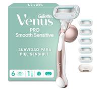 Gillette Venus Pro Smooth Sensitive Maquinilla de Afeitar con 6 Cuchillas | Maquinilla de Depilación Mujer para Pieles Sensibles, 1 Mango de Metal, 6 Recambios, Soporte para La Ducha Y Funda de Viaje