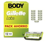 GilletteLabs Body + Intimate Cuchillas de Afeitar Cuerpo Hombre, Pack de 12 | Recambios de 2 Hojas, Banda Lubricante, Barra Anti-Vellos Enquistados Y Anti-Irritación, Depilación de La Zona Íntima Hombre