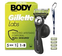 GilletteLabs Body + Intimate Maquinilla Corporal Hombre, 5 Recambios | Mango de Caucho, Cuchilla con Barra Anti-vellos Encarnados, Soporte Magnético, Depilación Íntima, Afeitado Corporal Masculino