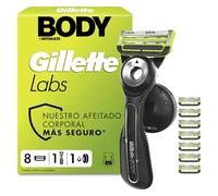GilletteLabs Body + Intimate Maquinilla Corporal Hombre, 8 Recambios | Mango de Caucho, Cuchilla con Barra Anti-vellos Encarnados, Soporte Magnético, Depilación Íntima, Afeitado Corporal Masculino