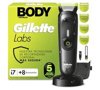 GilletteLabs i7 Body + Intimate Afeitadora Corporal, 8 Accesorios, Negro | Depiladora Corporal Hombre Impermeable, con 4 Peines, Funda, Base de Carga Y Soporte de Ducha, Tecnología Skinfirst Y Luz LED